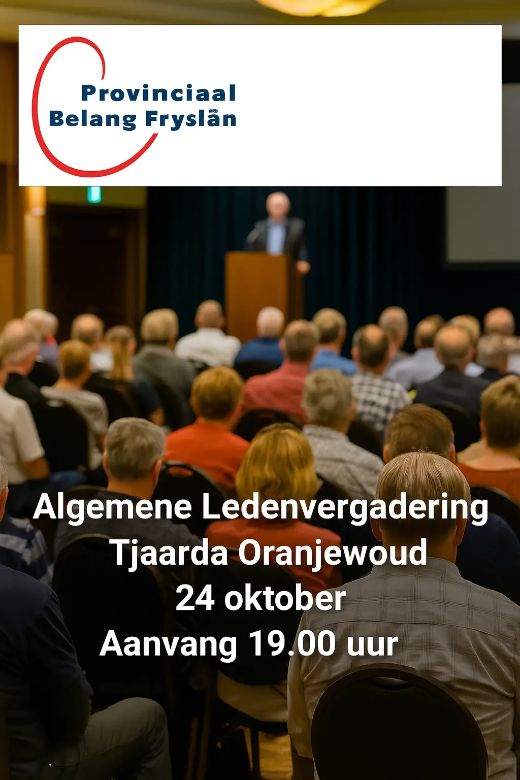 "Aankondiging Algemene Ledenvergadering Provinciaal Belang Fryslân op 24 oktober in Tjaarda Oranjewoud, aanvang 19.00 uur, met logo van de partij bovenaan."